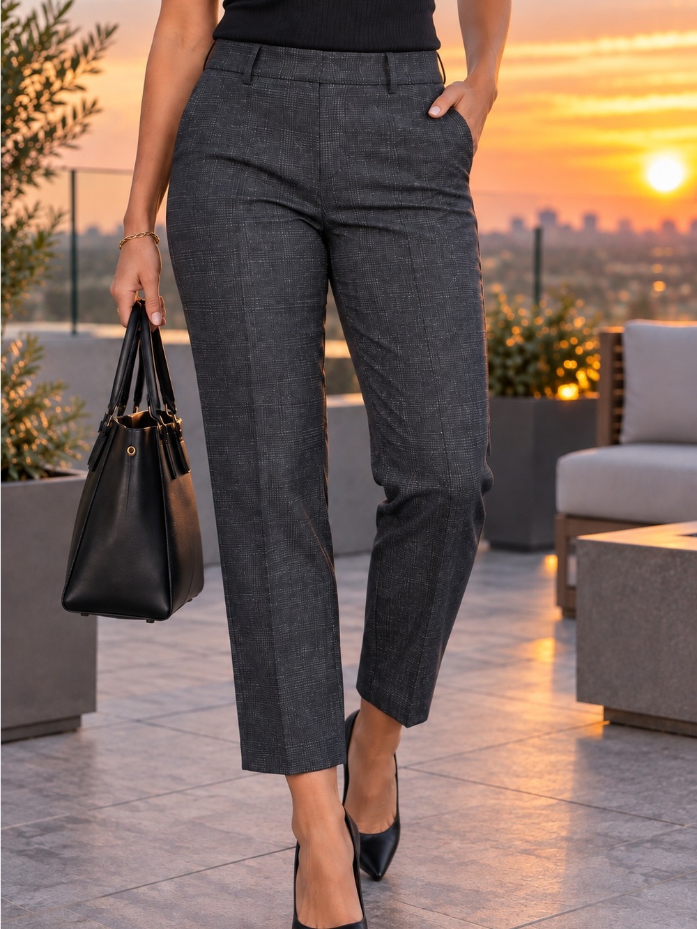 DKNY Plaid Pull On Ankle Dress Pants Size 10 High Rise Stretch Trousers